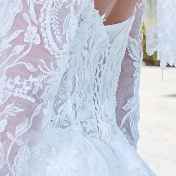 New Off White Mesh Wedding Bridal Gown w/ Short Veil & Long Sleeves GL3820 - Picture 12 of 13